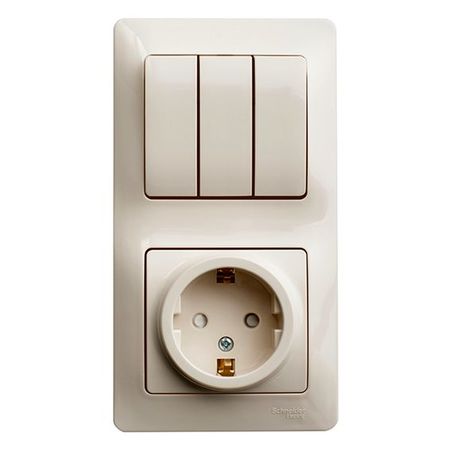 Блок: выключатель 3-клавишный и розетка Schneider Electric GLOSSA, скрытый монтаж, бежевый