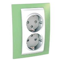 Розетка двухместная Schneider Electric UNICA, скрытый монтаж, с заземлением, со шторками, белый/зеленое яблоко