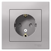 Розетка с рамкой Schneider Electric ATLASDESIGN, скрытый монтаж, с заземлением, со шторками, винтовые клеммы, алюминий